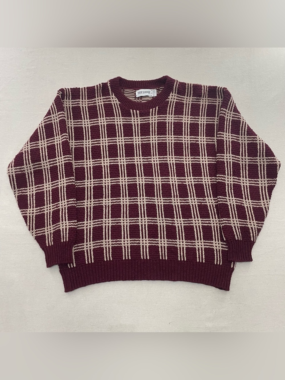 Vintage The Lodge USA Grid Knit Sweater Men's L Red 80s 90s Heavyweight Pullove